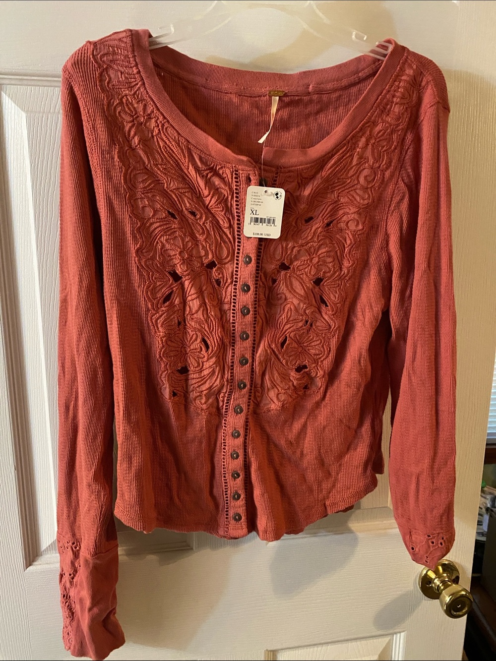 Free People Coral Embroidered Button-Front Knit Top
